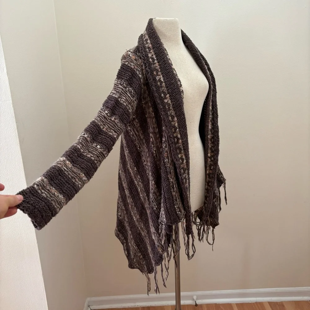 Free People Brown Wool/Mohair/Linen Fringe Cardigan Sweater Size Large Boho Chic